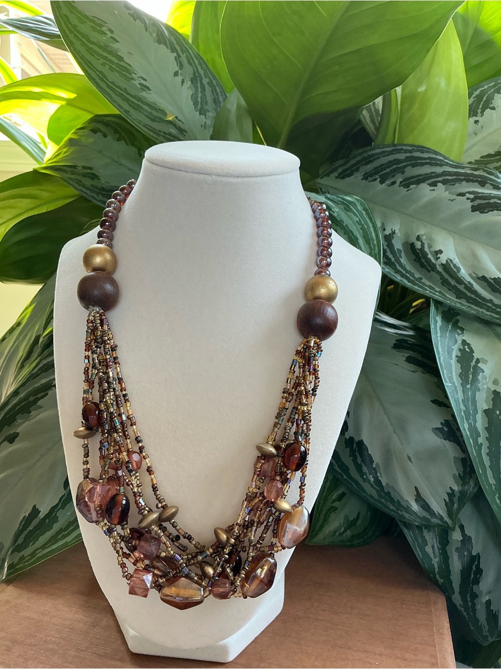 Layered Amber, Brown and Gold Multi-Strand Beaded Statement Necklace